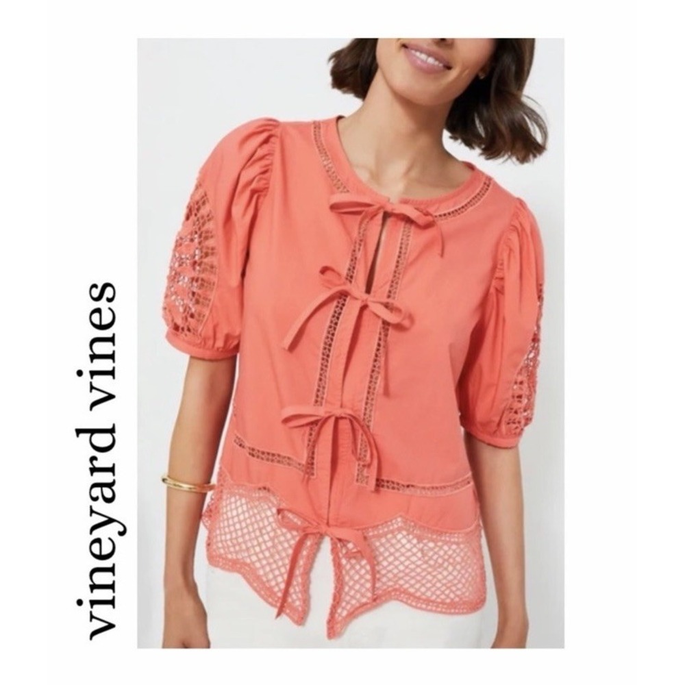 Vineyard Vines Coral Lace Eyelet Tie-Front Top XS• Coastal Chic Coquette Prairie